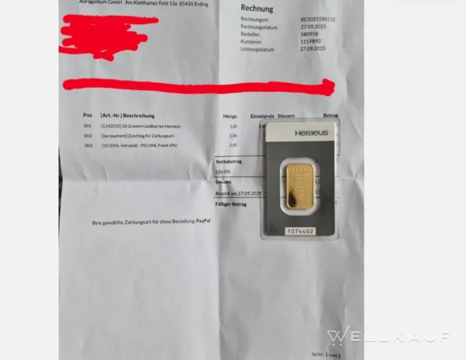 Goldbarren mit Rechnung 